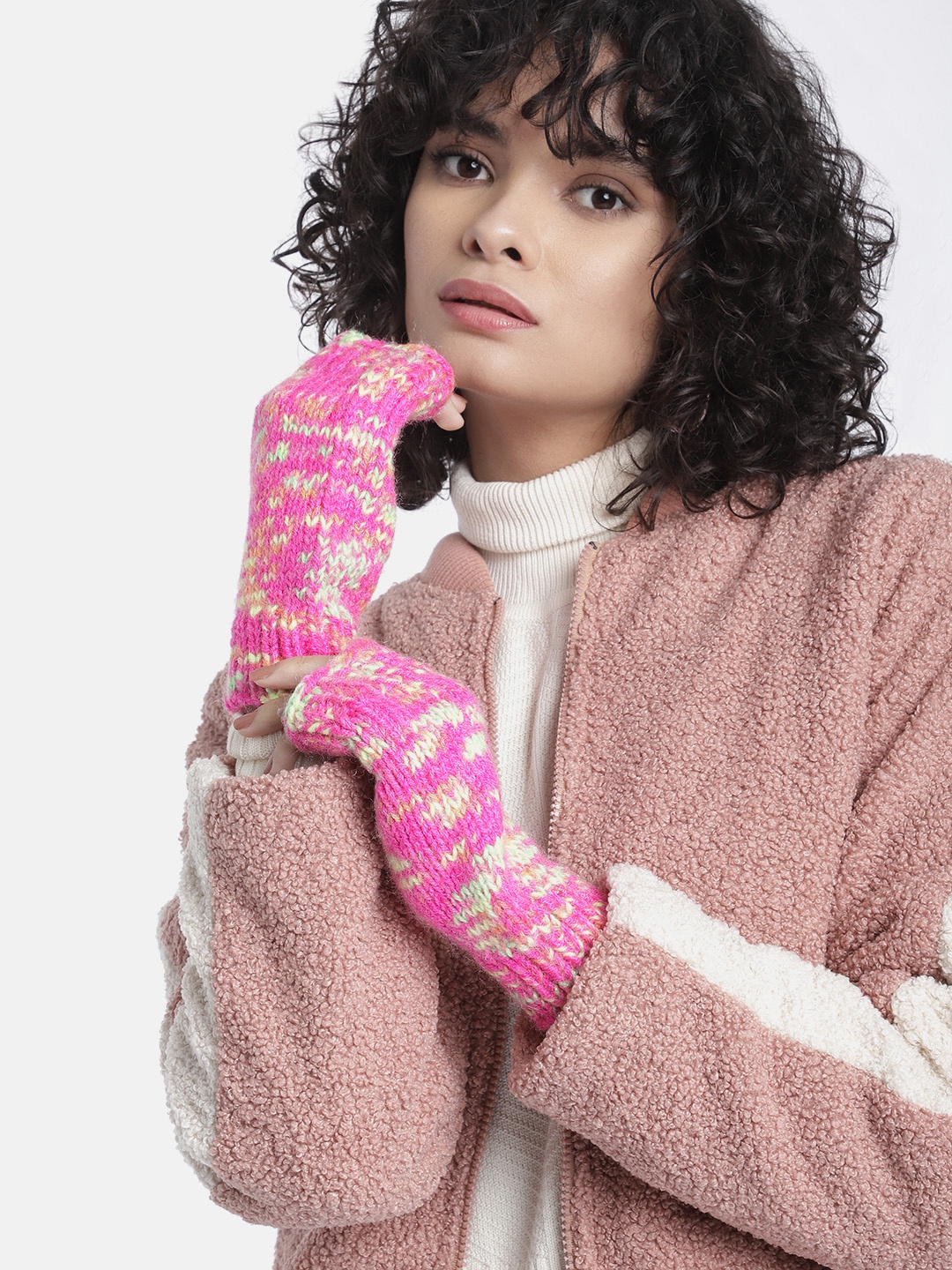 

Magic Needles Women Cable Knit Half Hand Acrylic Gloves, Pink