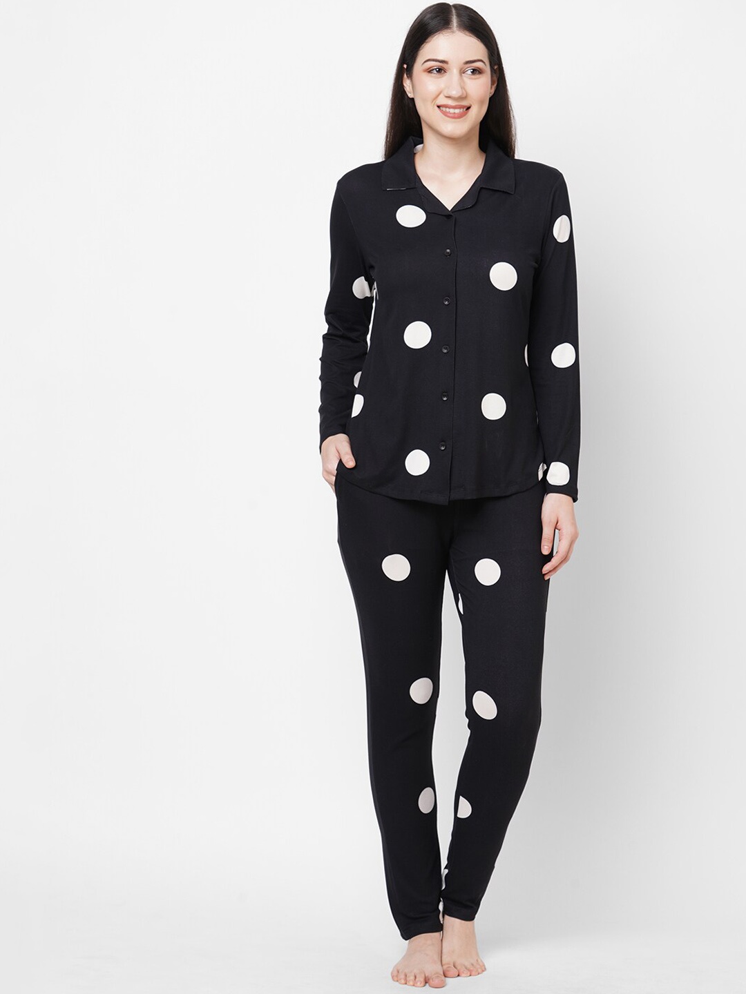 

Sweet Dreams Black & White Polka Dots Printed Night Suit