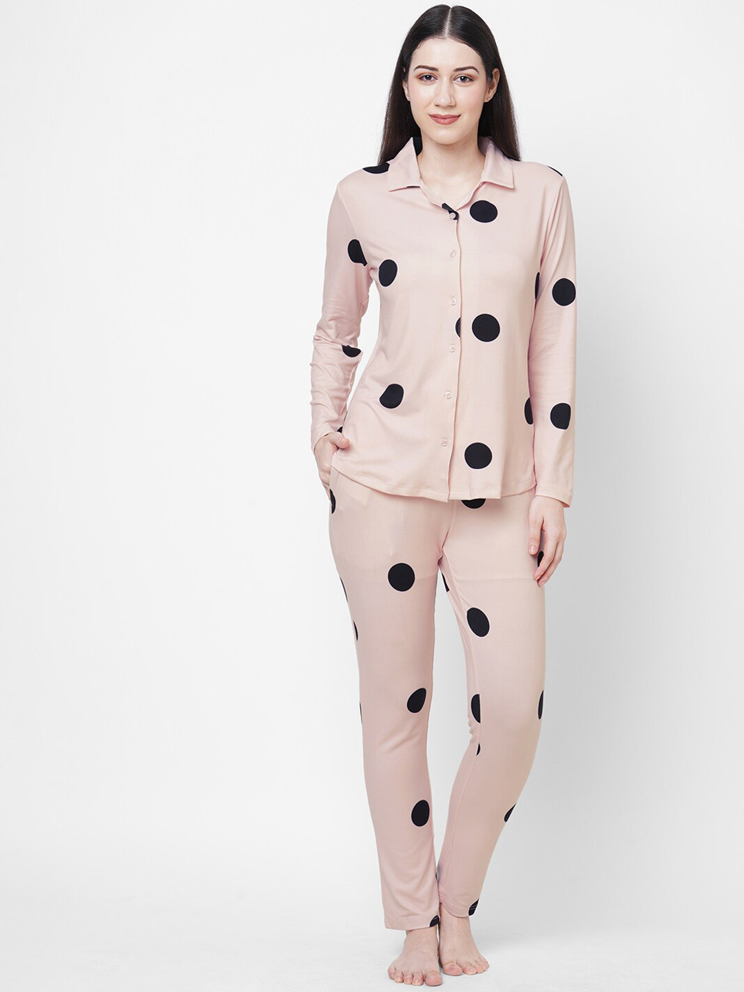 

Sweet Dreams Pink & Black Polka Dots Printed Night Suit