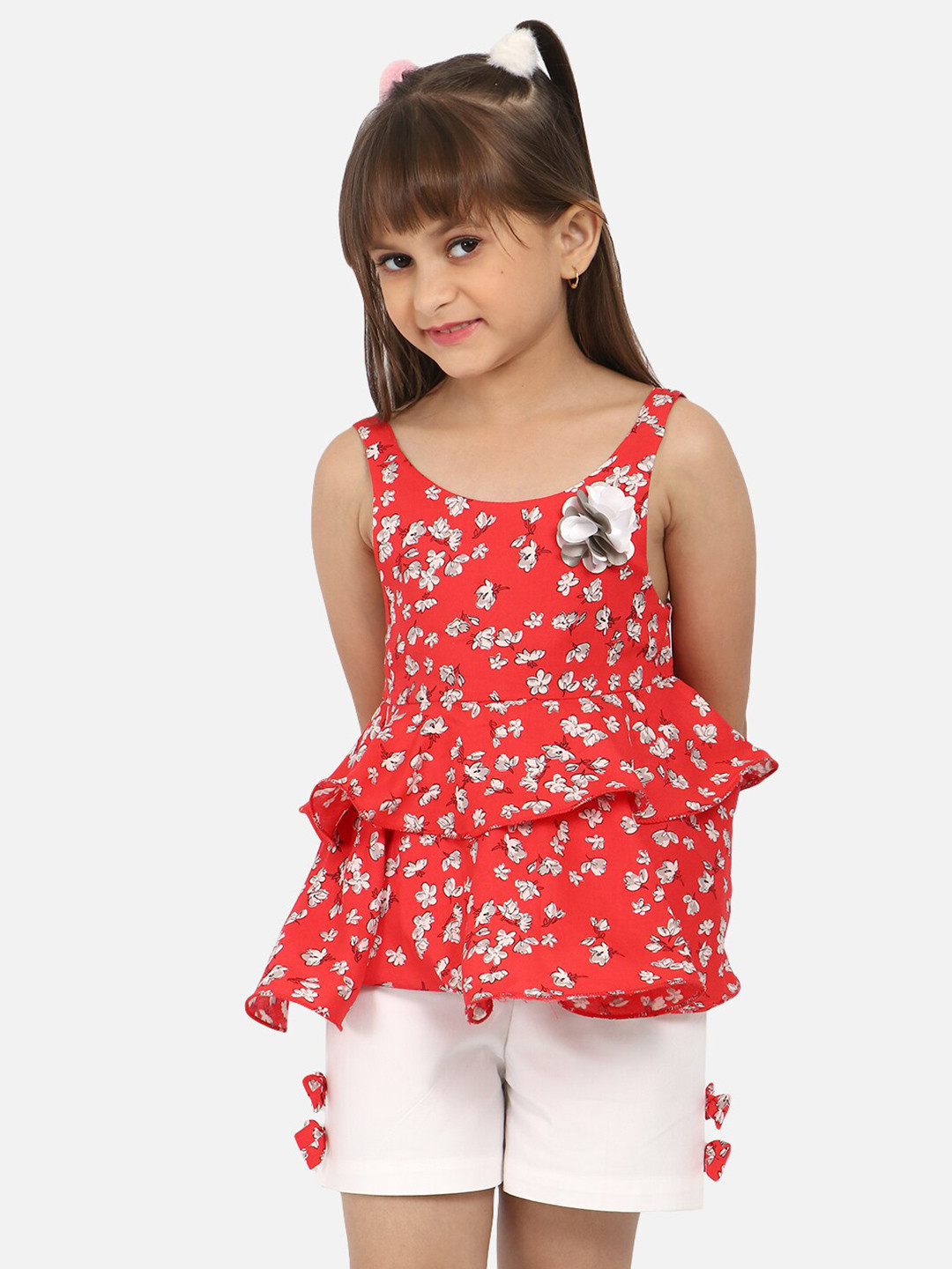 

Nauti Nati Girls Floral Printed Shoulder Strap Top With Shorts, Red