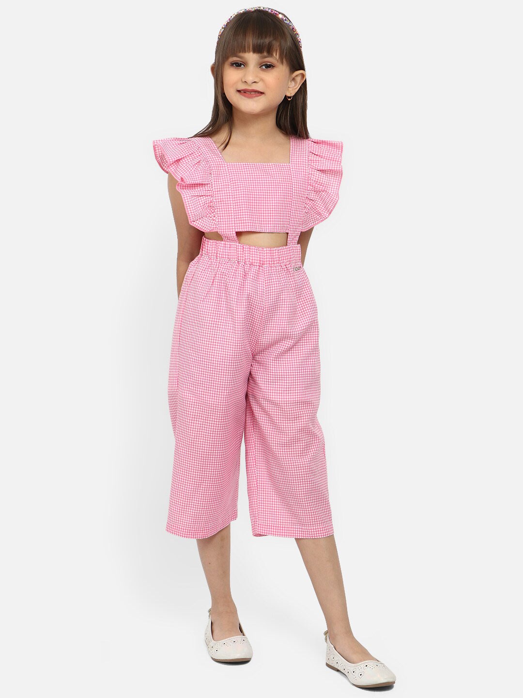 

Nauti Nati Girls Checked Sleeveless Ruffled Capri Jumpsuit, Pink