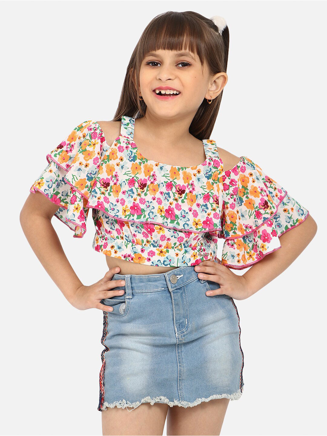 

Nauti Nati Floral Printed Cold-Shoulder Layered Crop Top, White