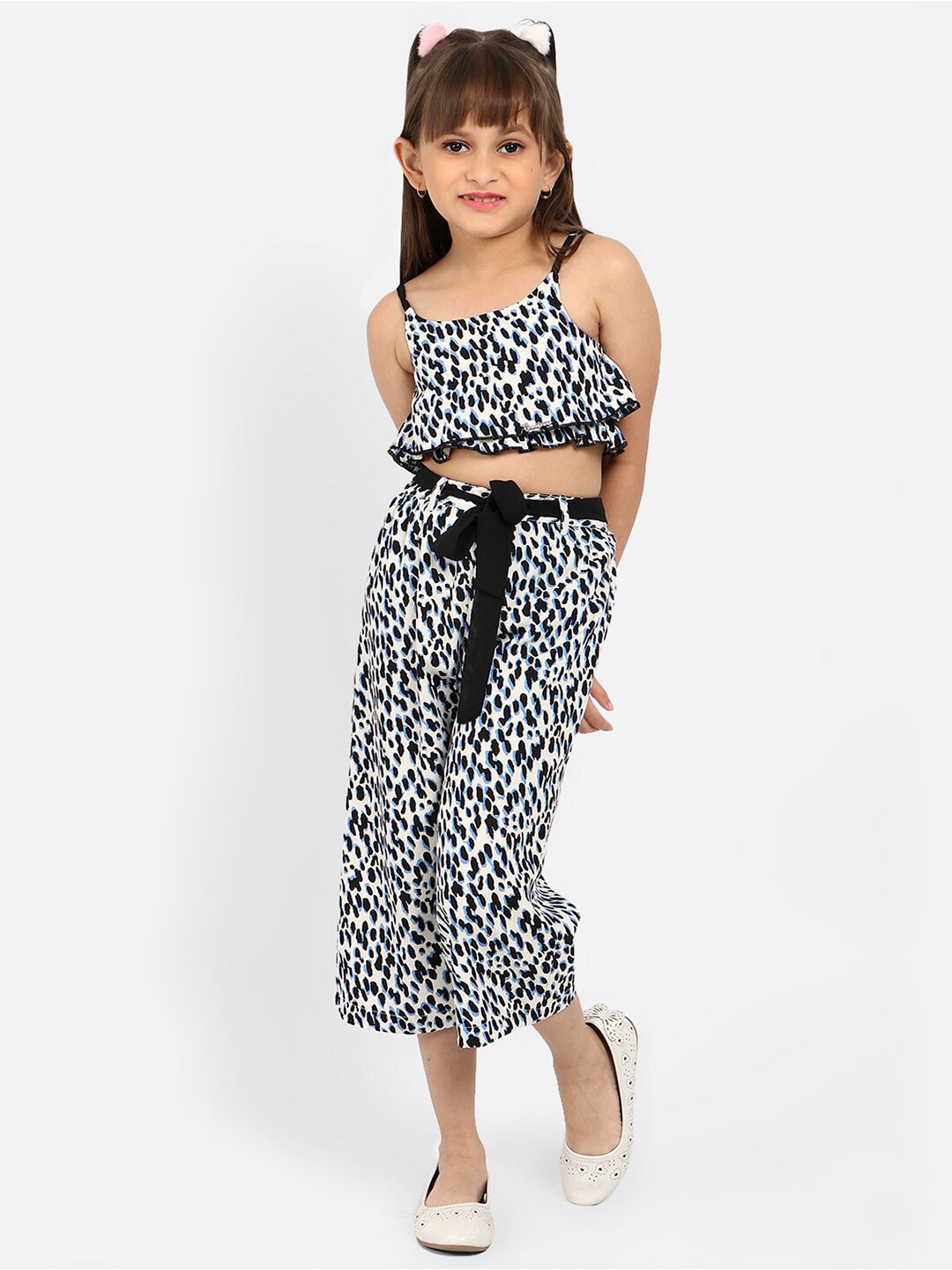 

Nauti Nati Girls Abstract Printed Shoulder Strap Top With Palazzo, White