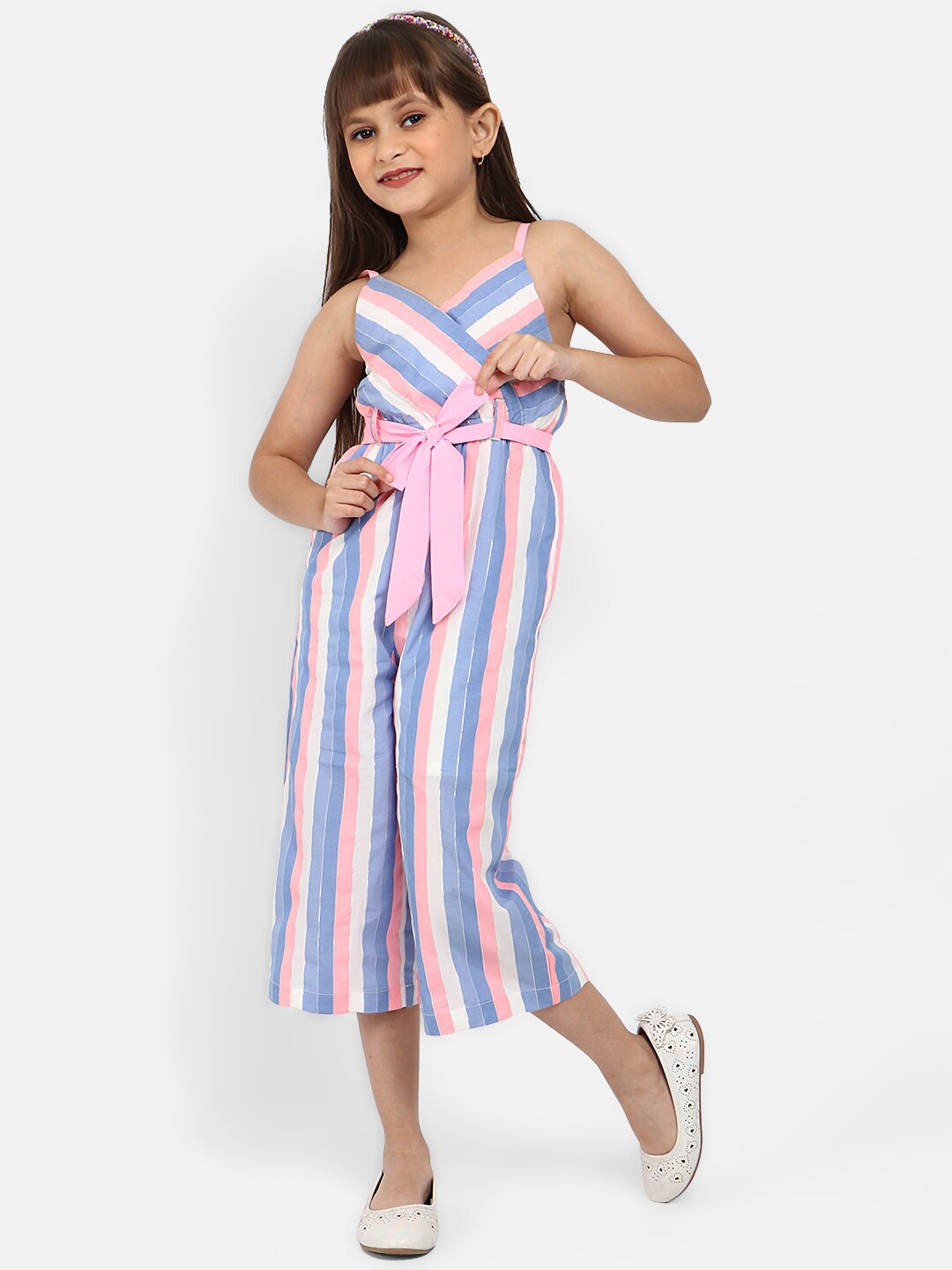 

Nauti Nati Girls Striped Shoulder Strapped Pure Cotton Capri Jumpsuit, Pink