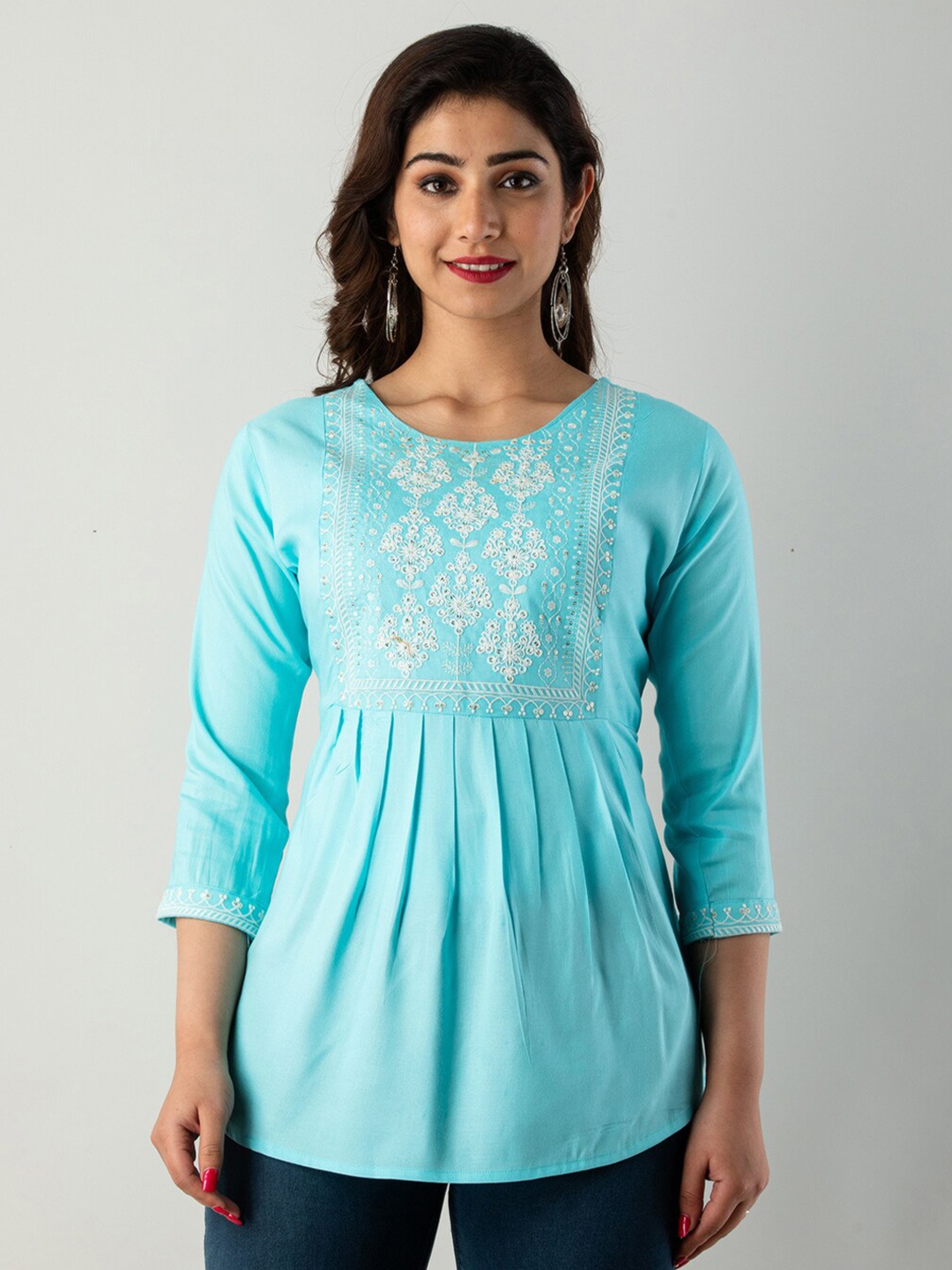 

KALINI Round Neck Pleated Ethnic Motifs Embroidered A-Line Top, Sea green