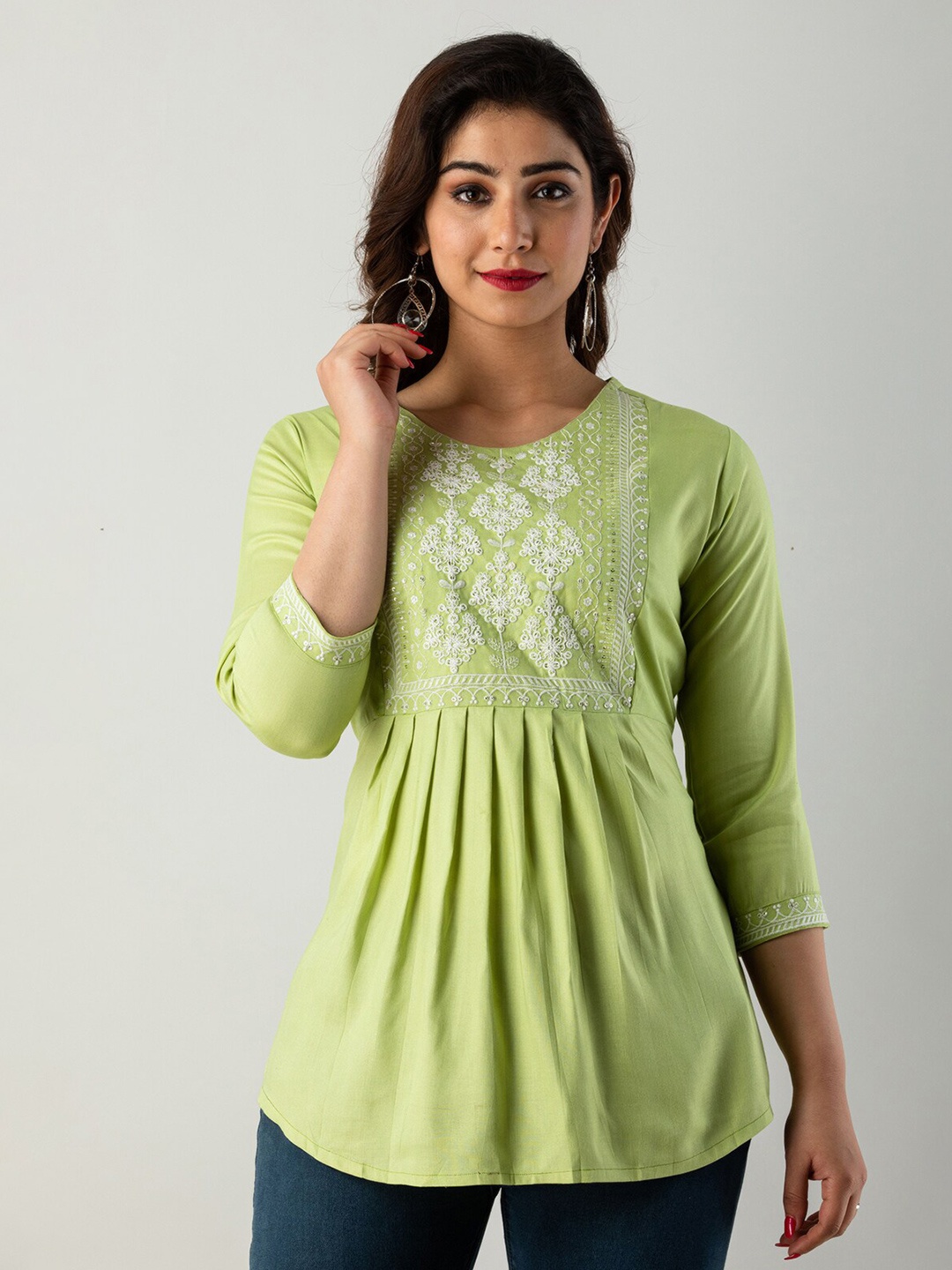 

KALINI Round Neck Pleated Ethnic Motifs Embroidered A-Line Top, Green