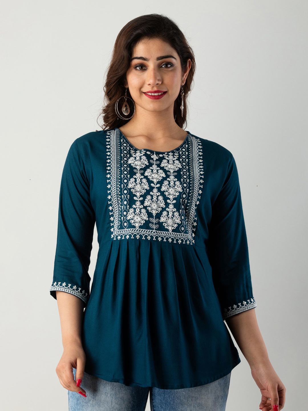 

KALINI Round Neck Pleated Ethnic Motifs Embroidered A-Line Top, Teal
