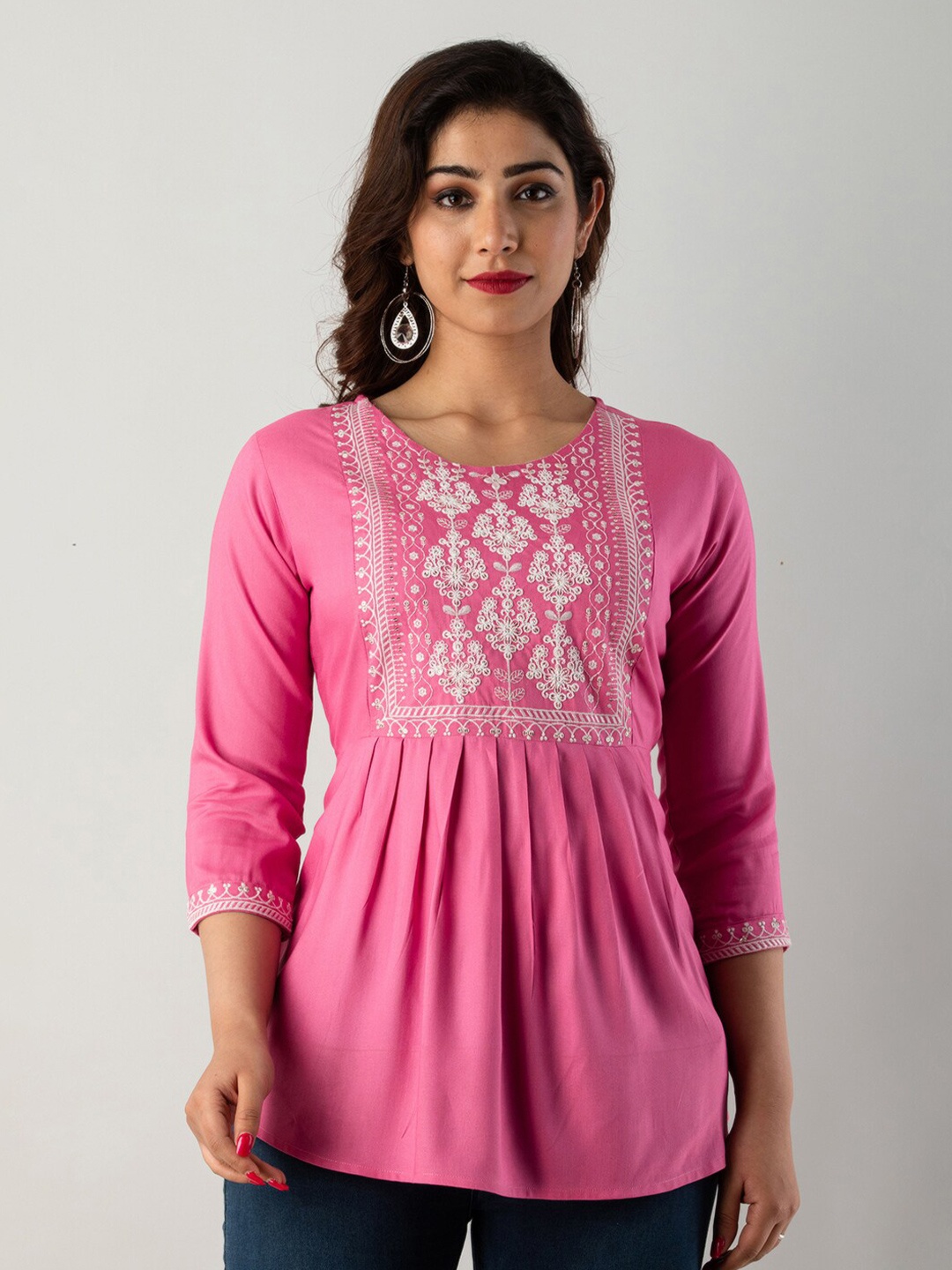 

KALINI Round Neck Pleated Ethnic Motifs Embroidered A-Line Top, Mauve