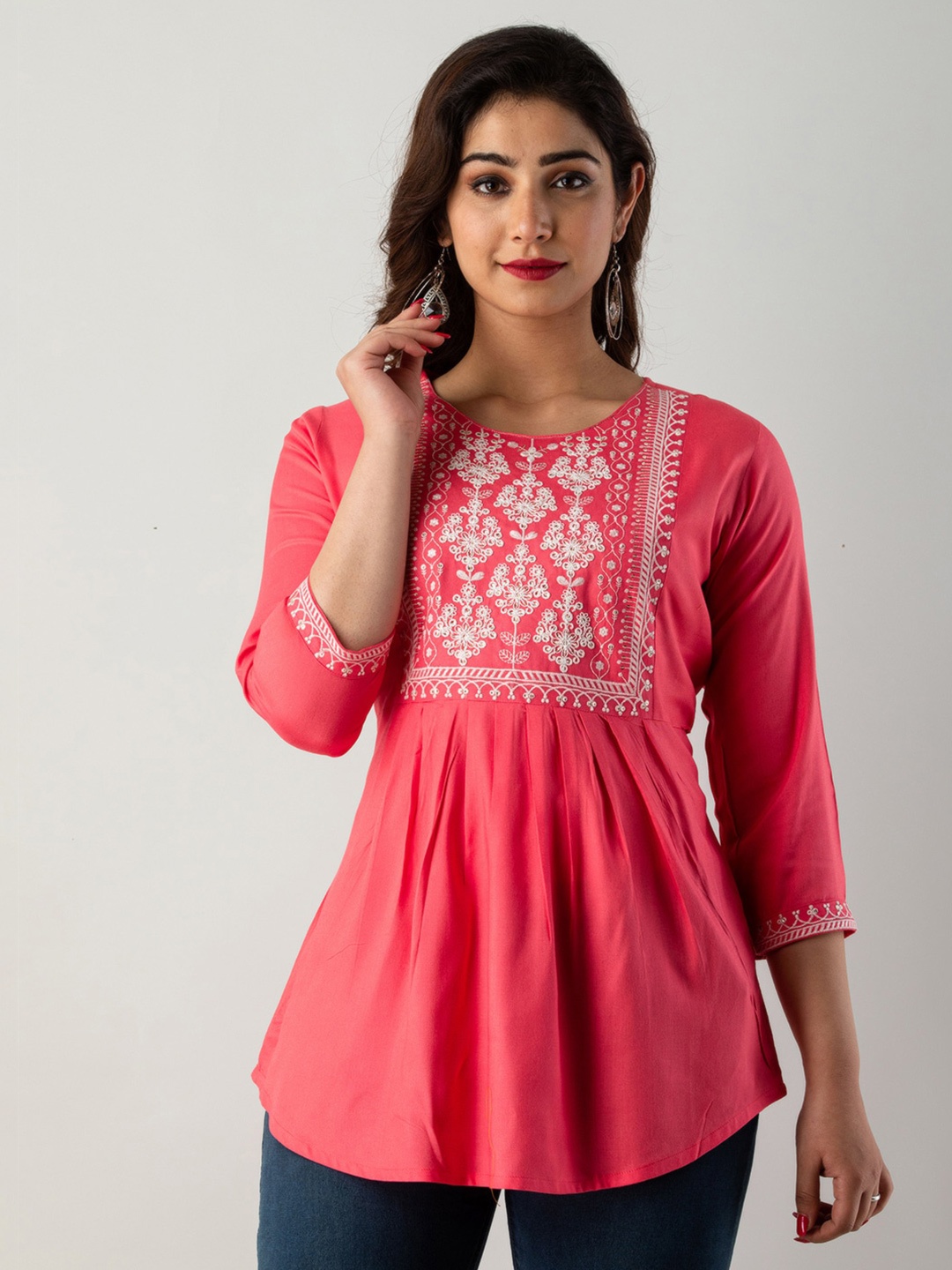 

KALINI Round Neck Pleated Floral Embroidered Top, Pink