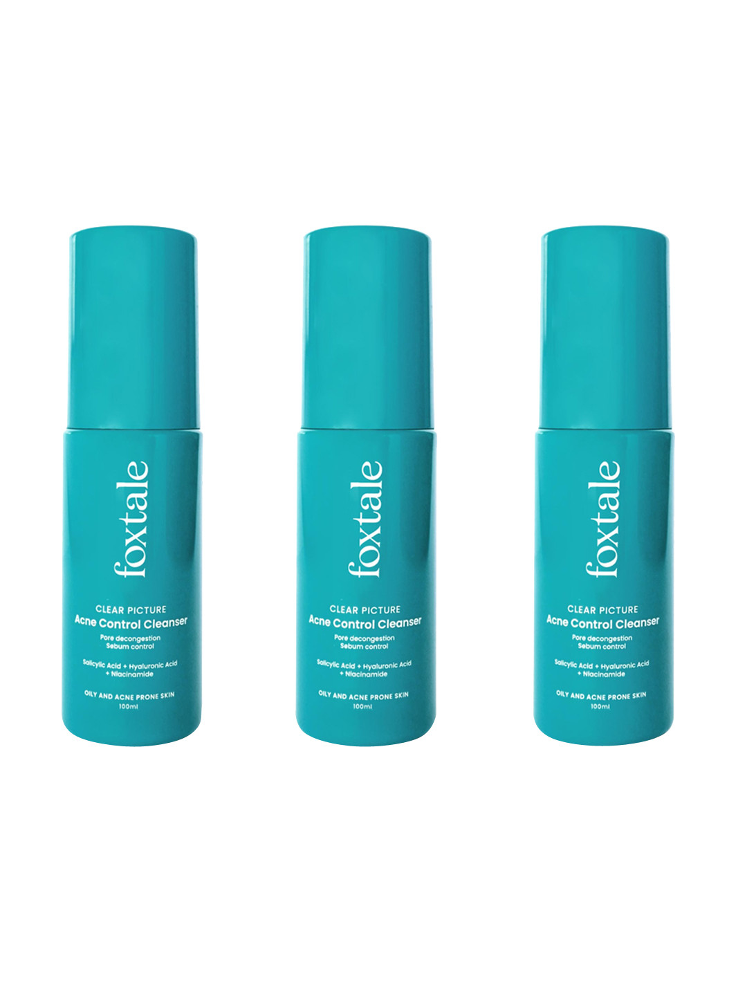 

FoxTale Set Of 3 Acne Control Cleansers with Salicylic Acid+HA+Niacinamide - 100 ml Each, Turquoise blue