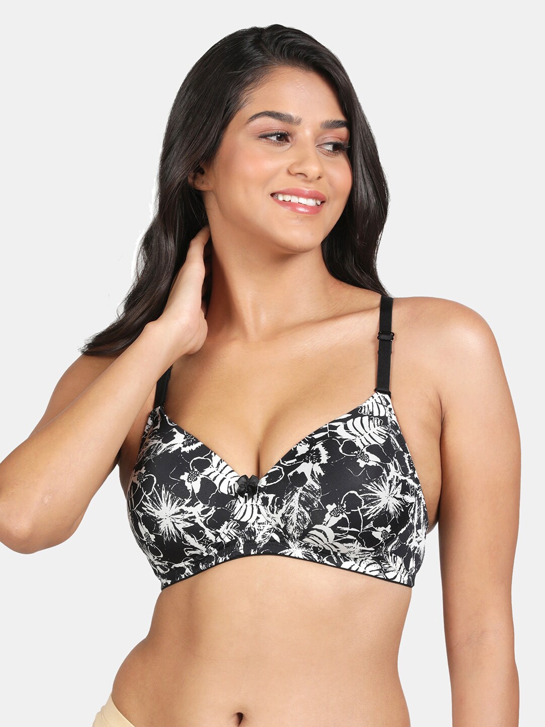 

R&B Floral Printed Medium Coverage Underwired Lightly Padded All Day Comfort Cotton Bra, Black
