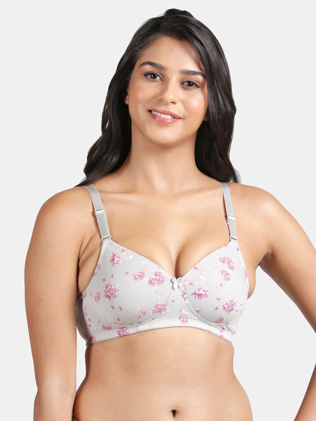 

R&B Floral Printed Medium Coverage Underwired Lightly Padded All Day Comfort Cotton Bra, Grey