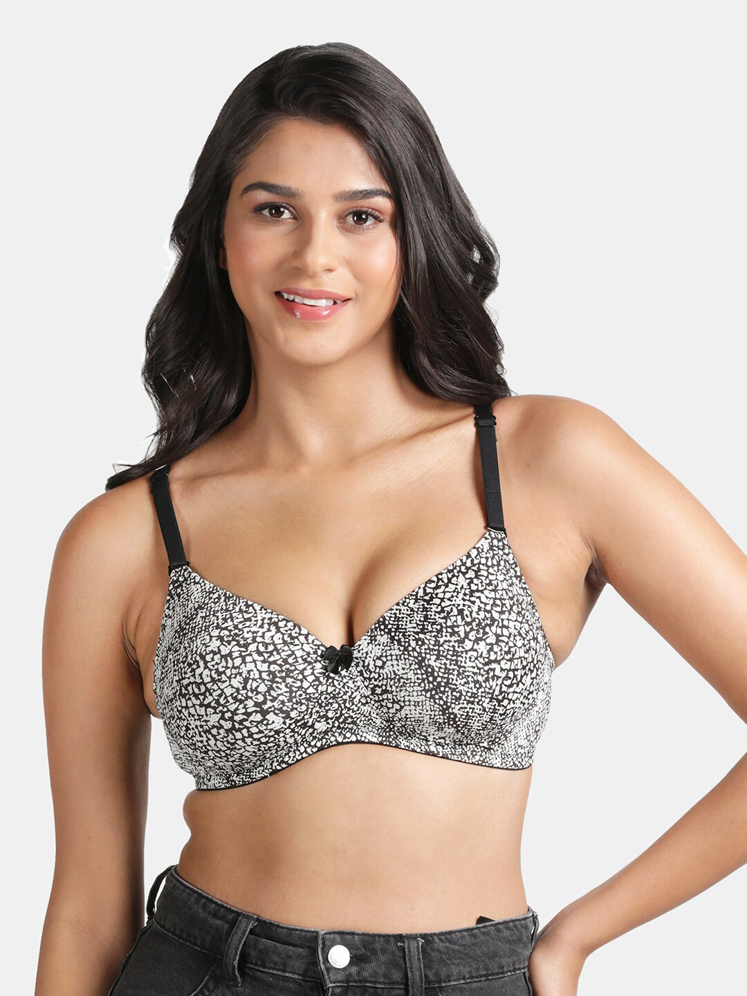 

R&B Abstract Printed Medium Coverage Underwired Lightly Padded All Day Comfort Cotton Bra, Black