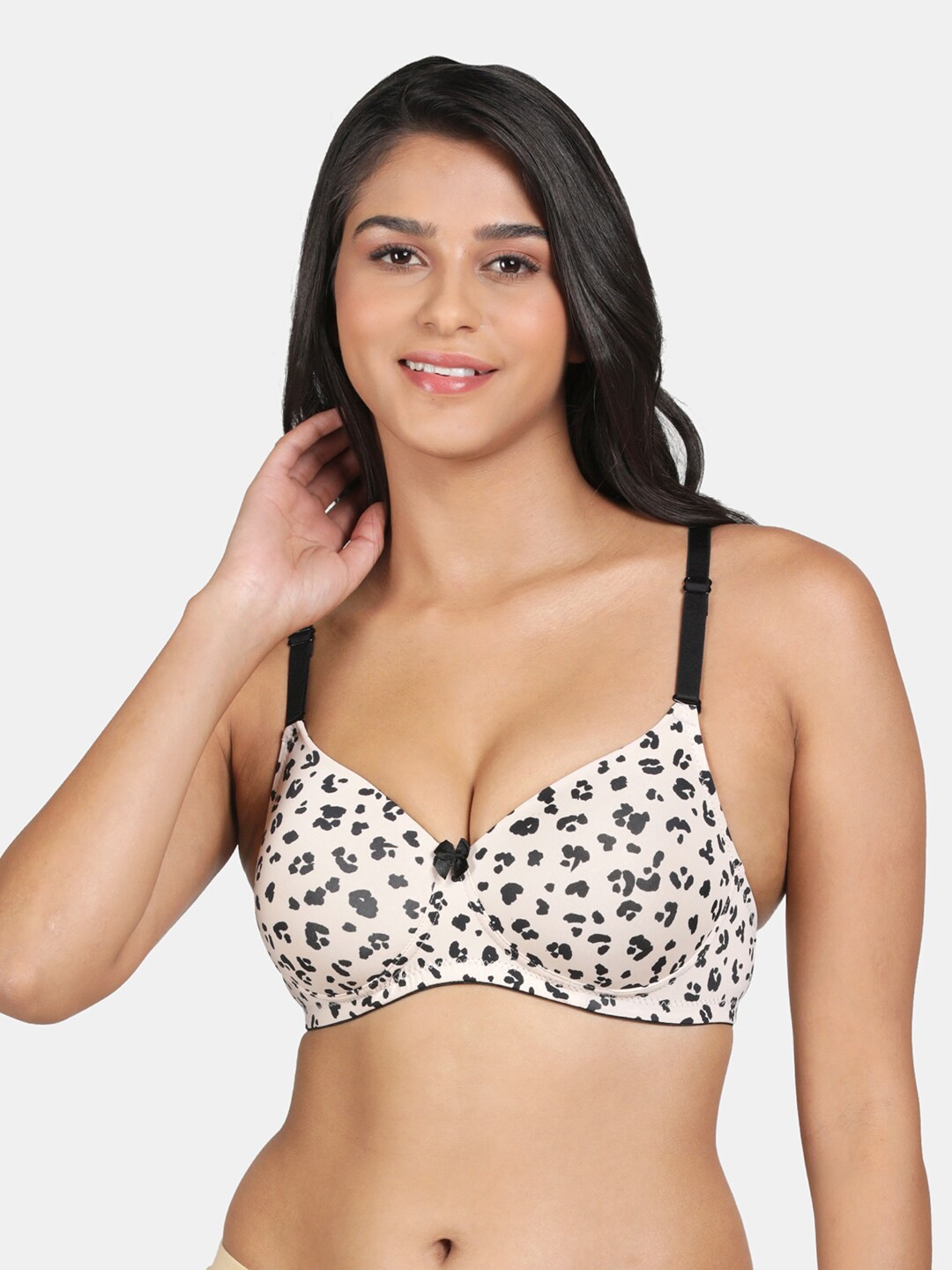 

R&B Animal Printed Medium Coverage Underwired Lightly Padded All Day Comfort Cotton Bra, Black