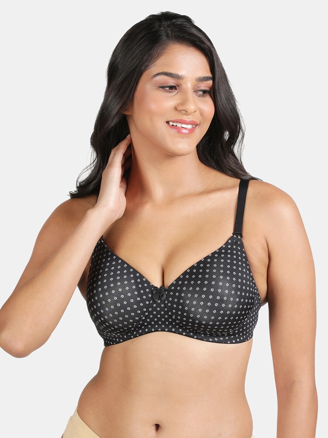 

R&B Floral Printed Medium Coverage Underwired Lightly Padded All Day Comfort Cotton Bra, Black