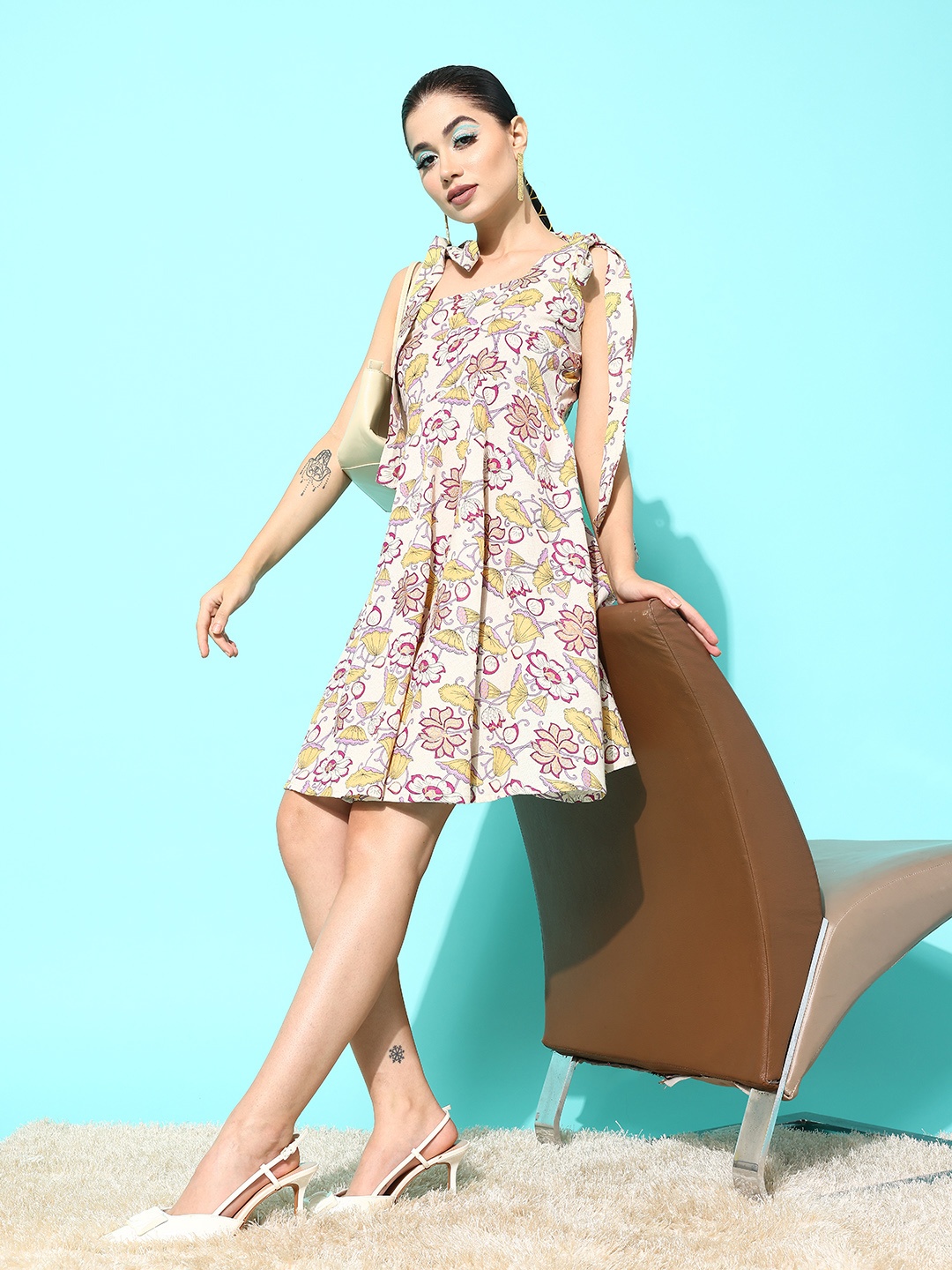 

Yufta Yellow & Off White Floral Print Pure Cotton A-Line Dress