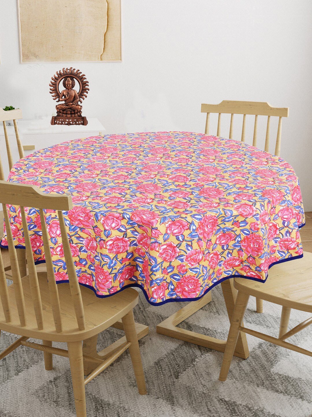 

INDHOME LIFE Pink & Blue Floral Printed Cotton 4-Seater Round Table Cover