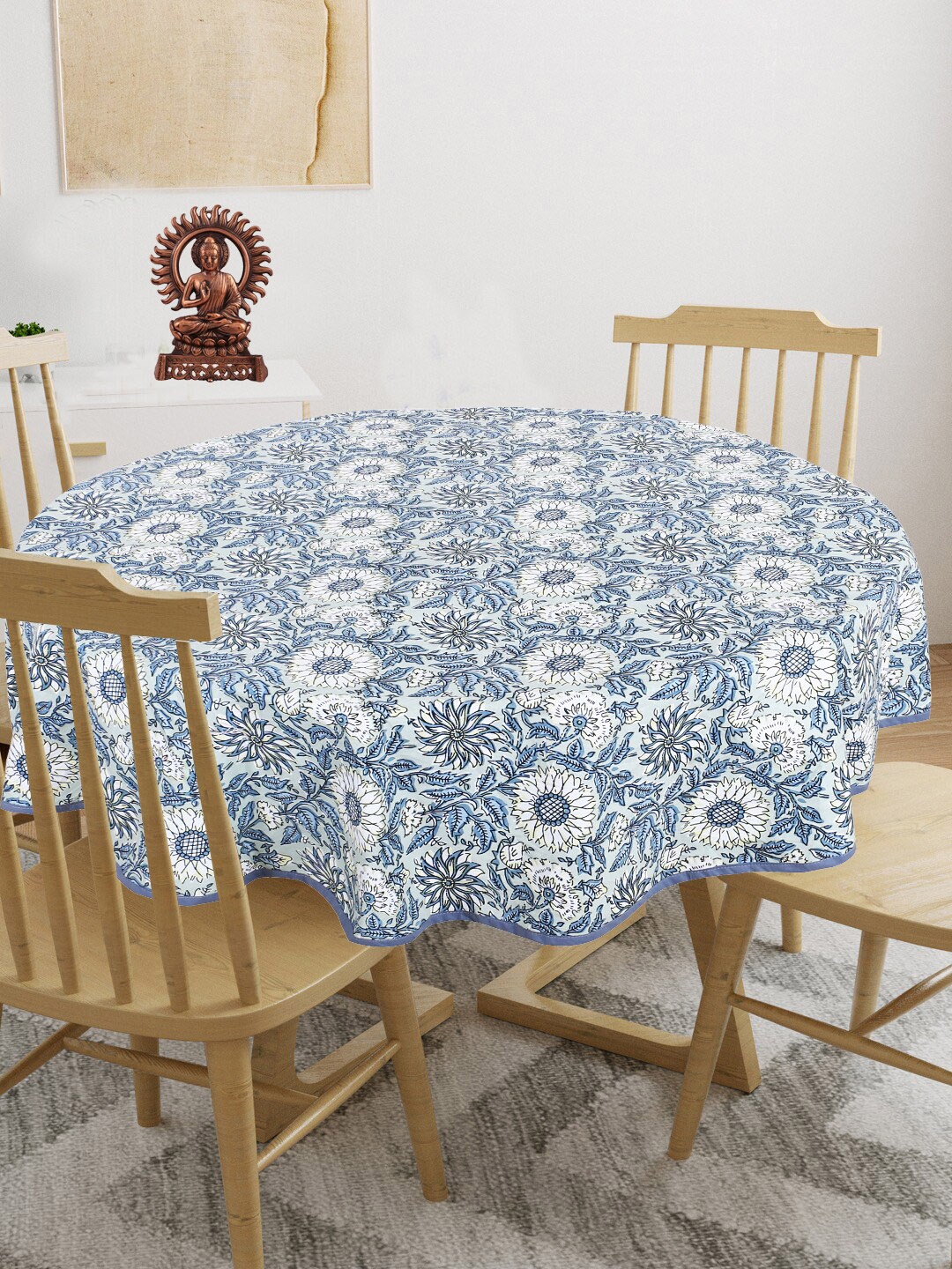 

INDHOME LIFE White & Blue Floral Printed Pure Cotton 4-Seater Table Cover