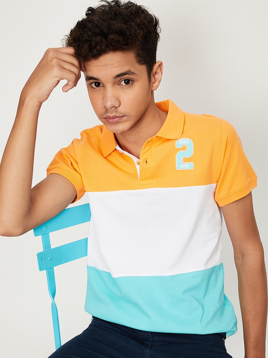 

max Boys Colourblocked Polo Collar Pure Cotton T-shirt, Orange