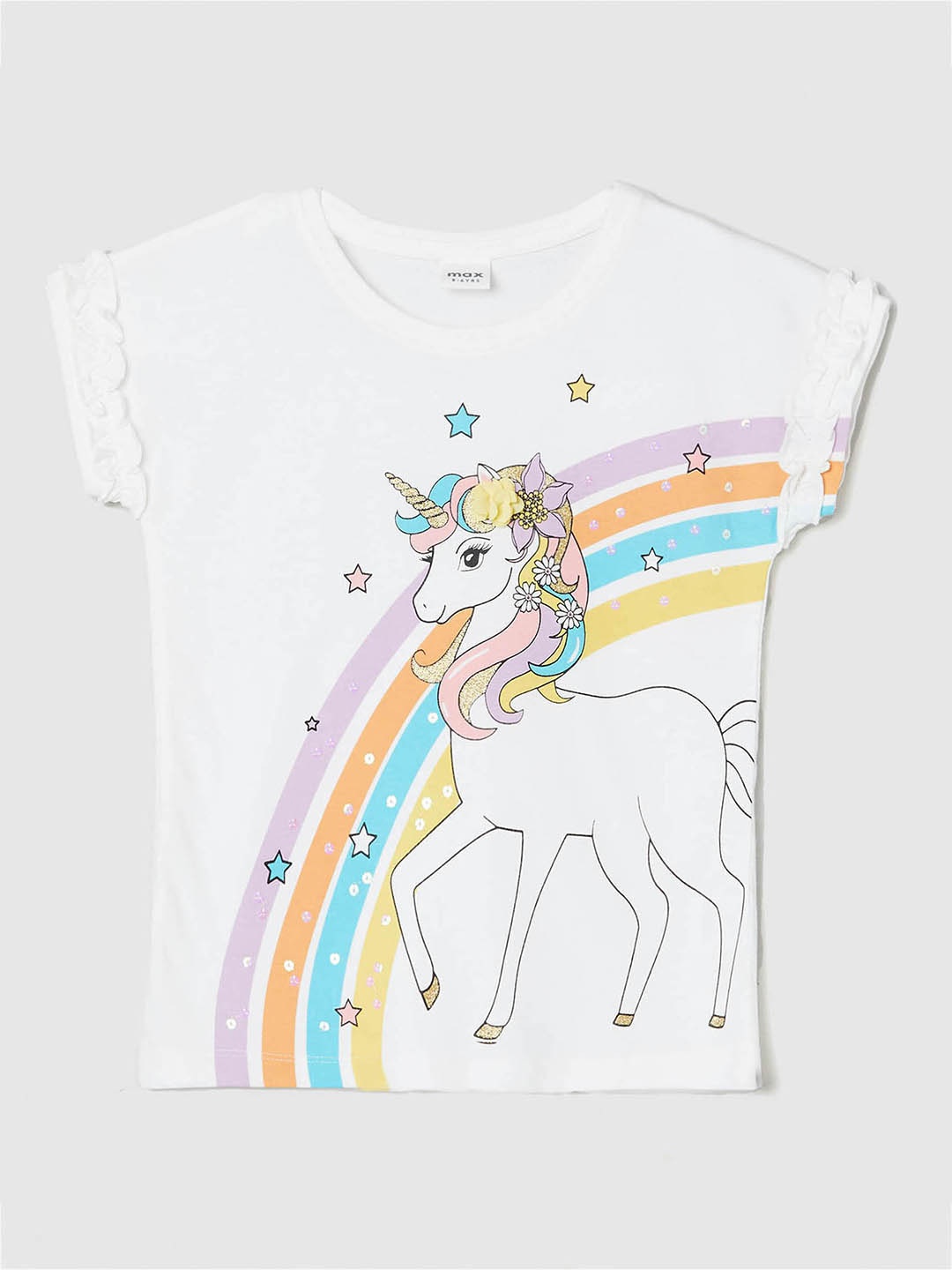 

max Girls White Graphic Printed Extended Sleeves Pure Cotton T-shirt