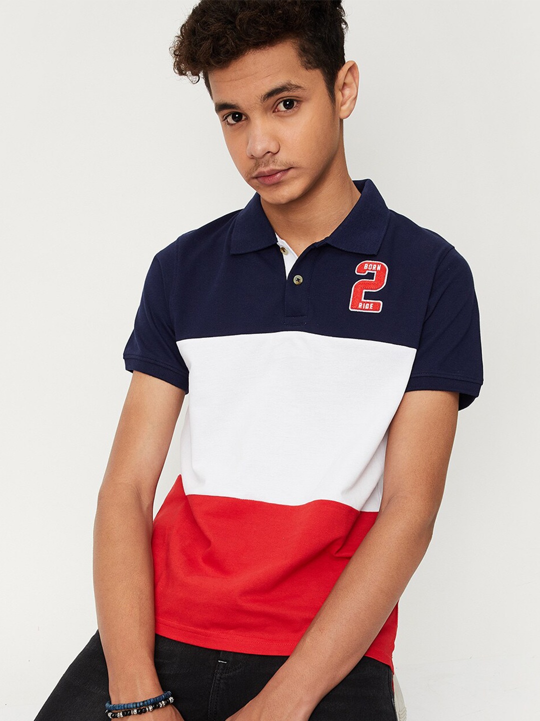 

max Boys Colourblocked Cotton T-shirt, Navy blue