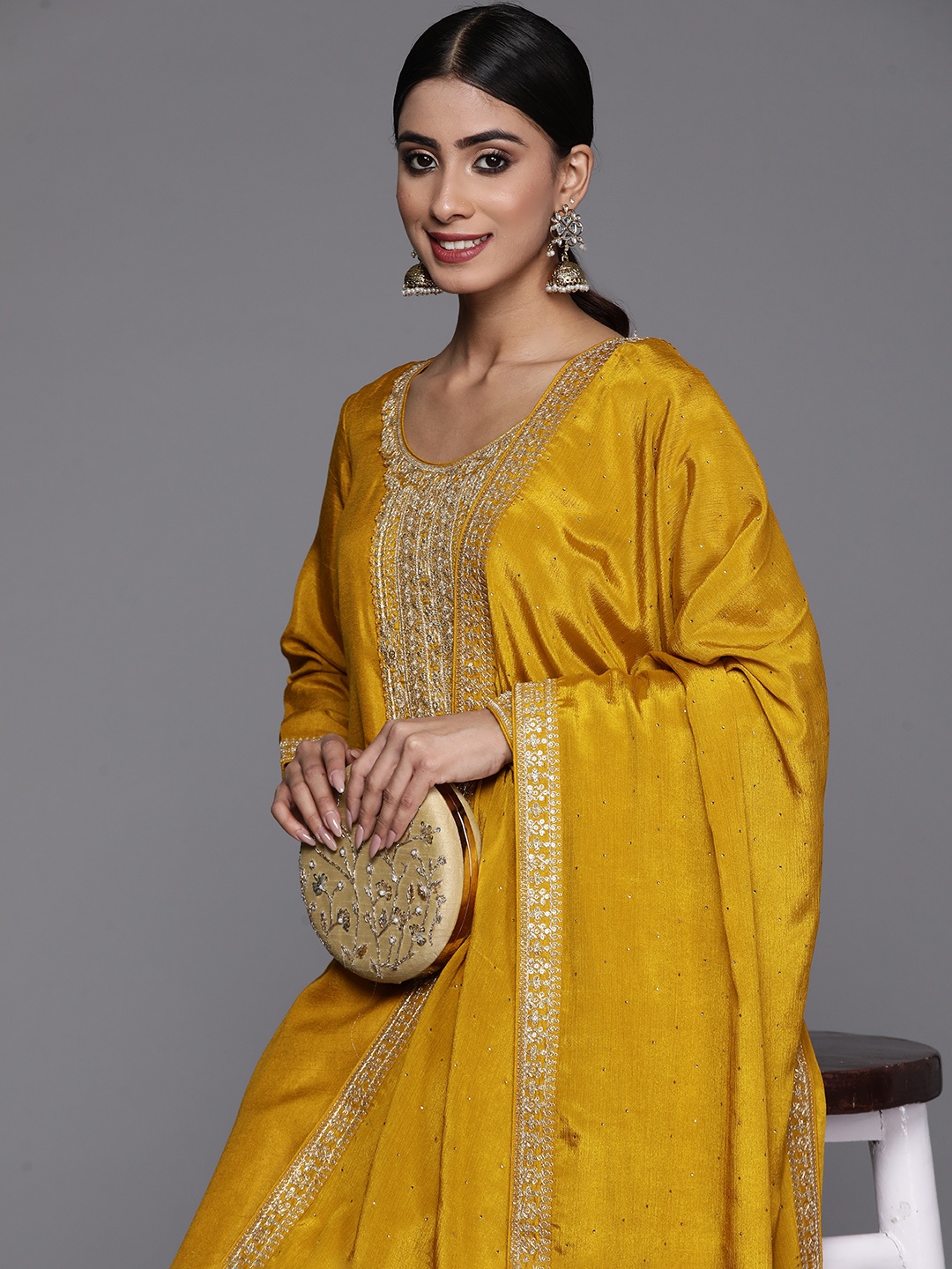 

Libas Floral Yoke Design Zari Kurta With Trousers & Dupatta, Mustard