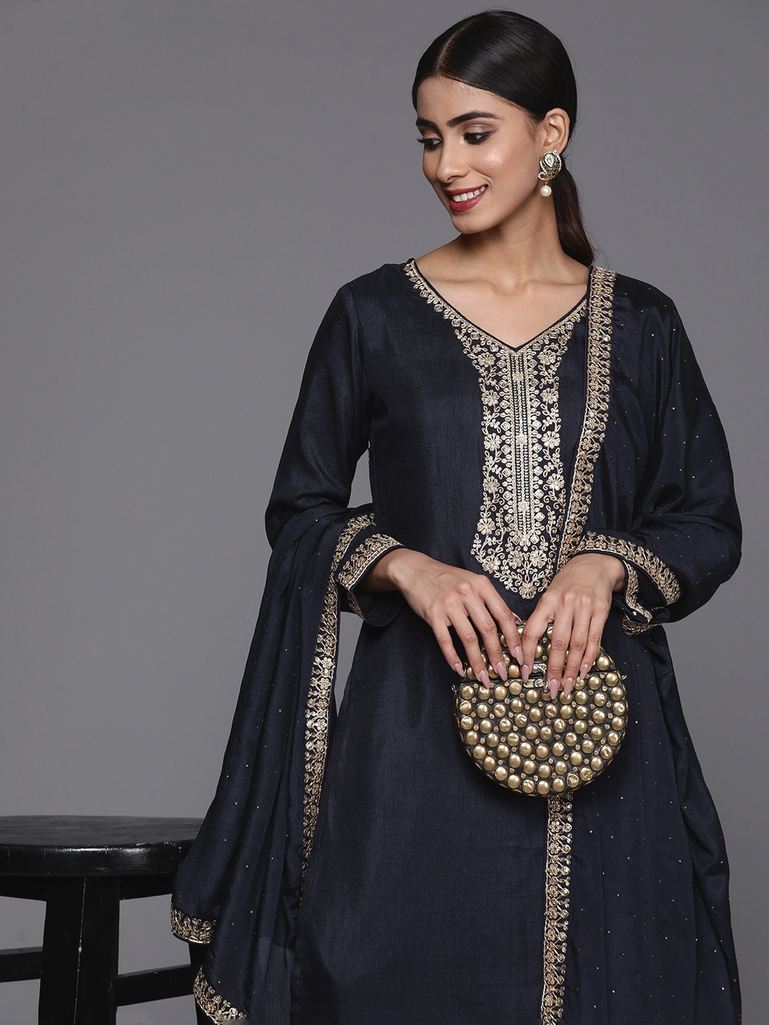 

Libas Floral Yoke Design Zari Kurta With Trousers & Dupatta, Navy blue