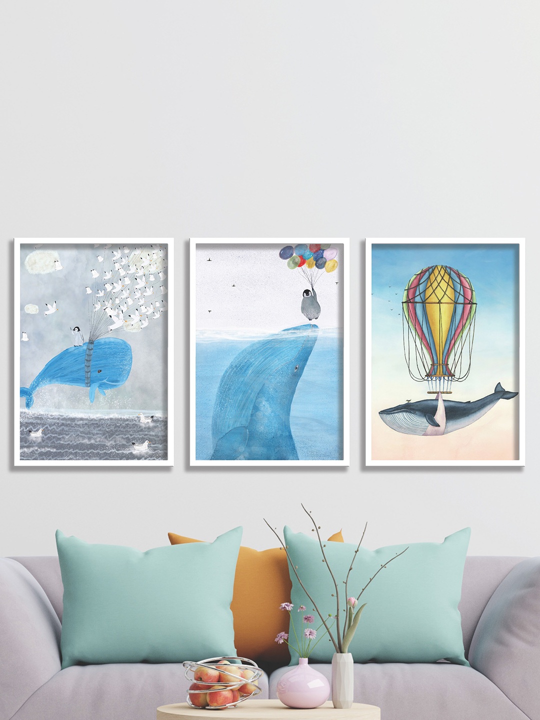 

SAF White & Blue 3 Pieces Sea & Whale Painting Wall Art