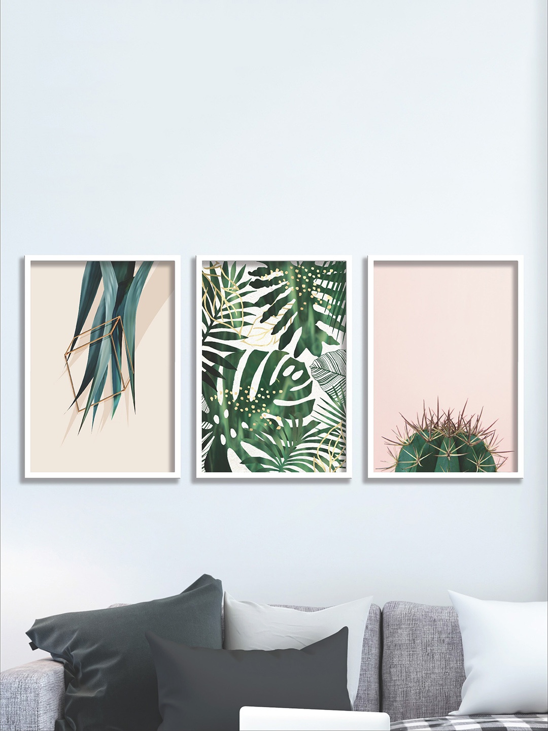 

SAF Green & White 3 Pieces Tropical Leaves Painting Waterproof Wall Arts