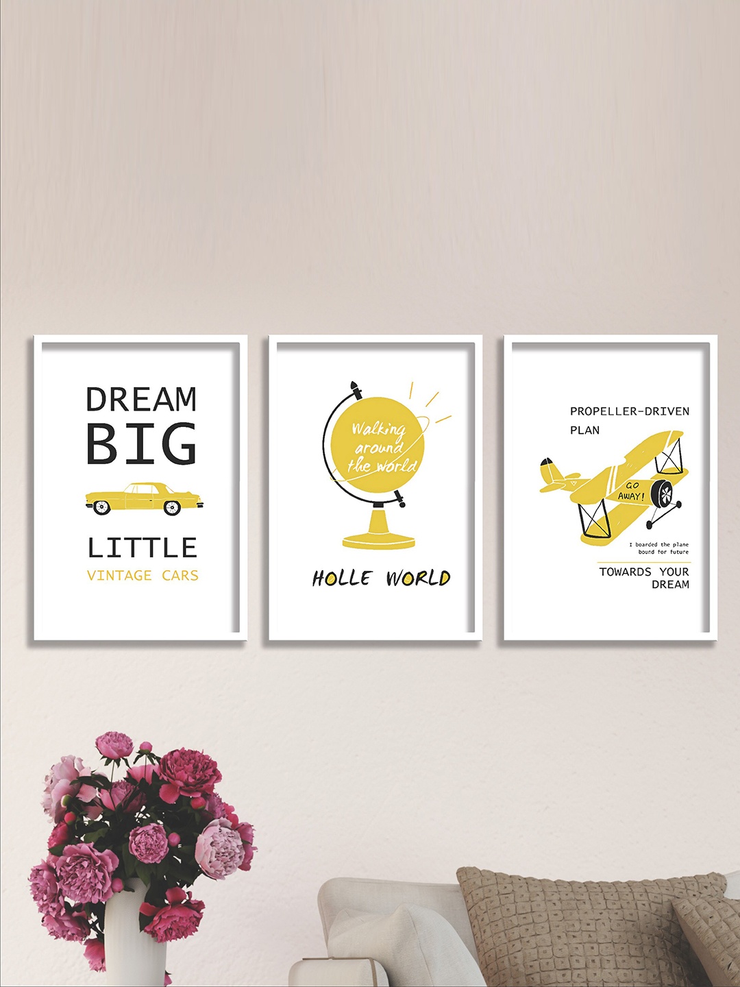 

SAF White & Yellow 3 Pieces Motivational Quotes Painting Waterproof Wall Arts