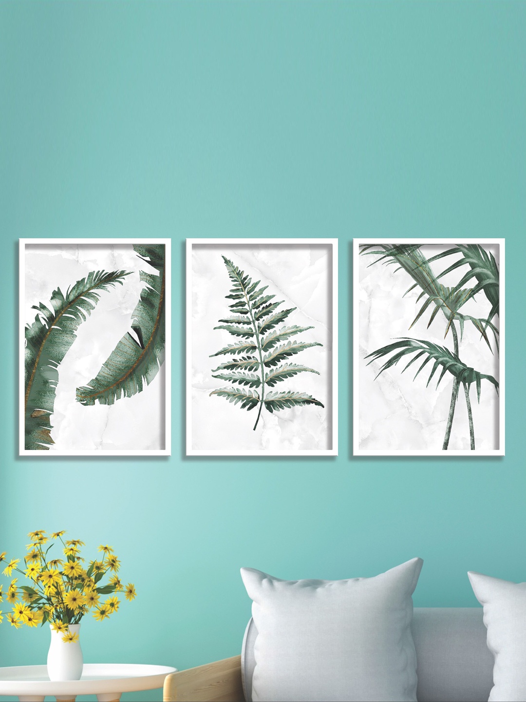 

SAF White & Green 3 Pieces Tropical Leaves Painting Waterproof Wall Arts