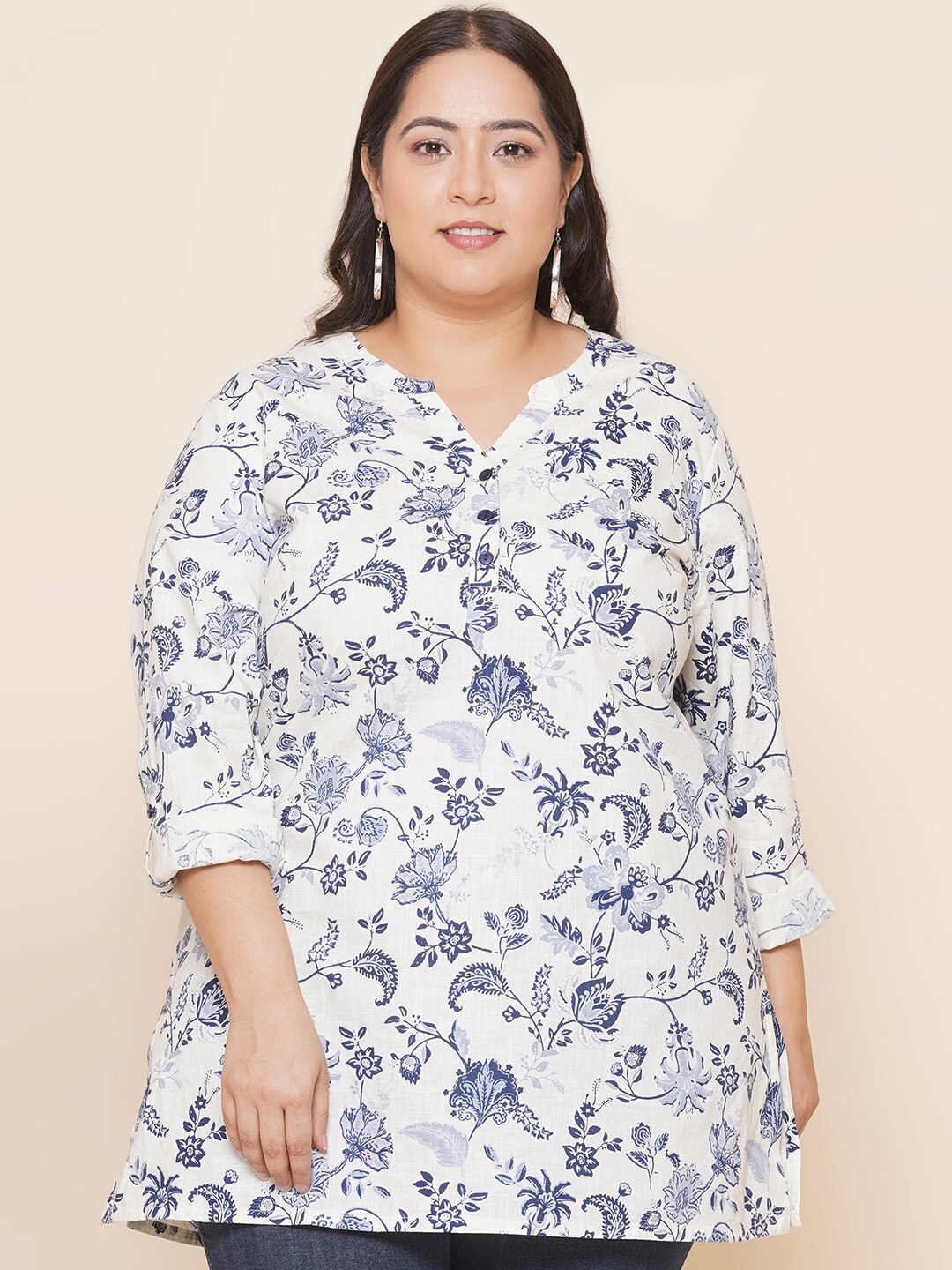

Kiaahvi by JOHN PRIDE Plus Size Floral Printed Cotton Tunic, Off white