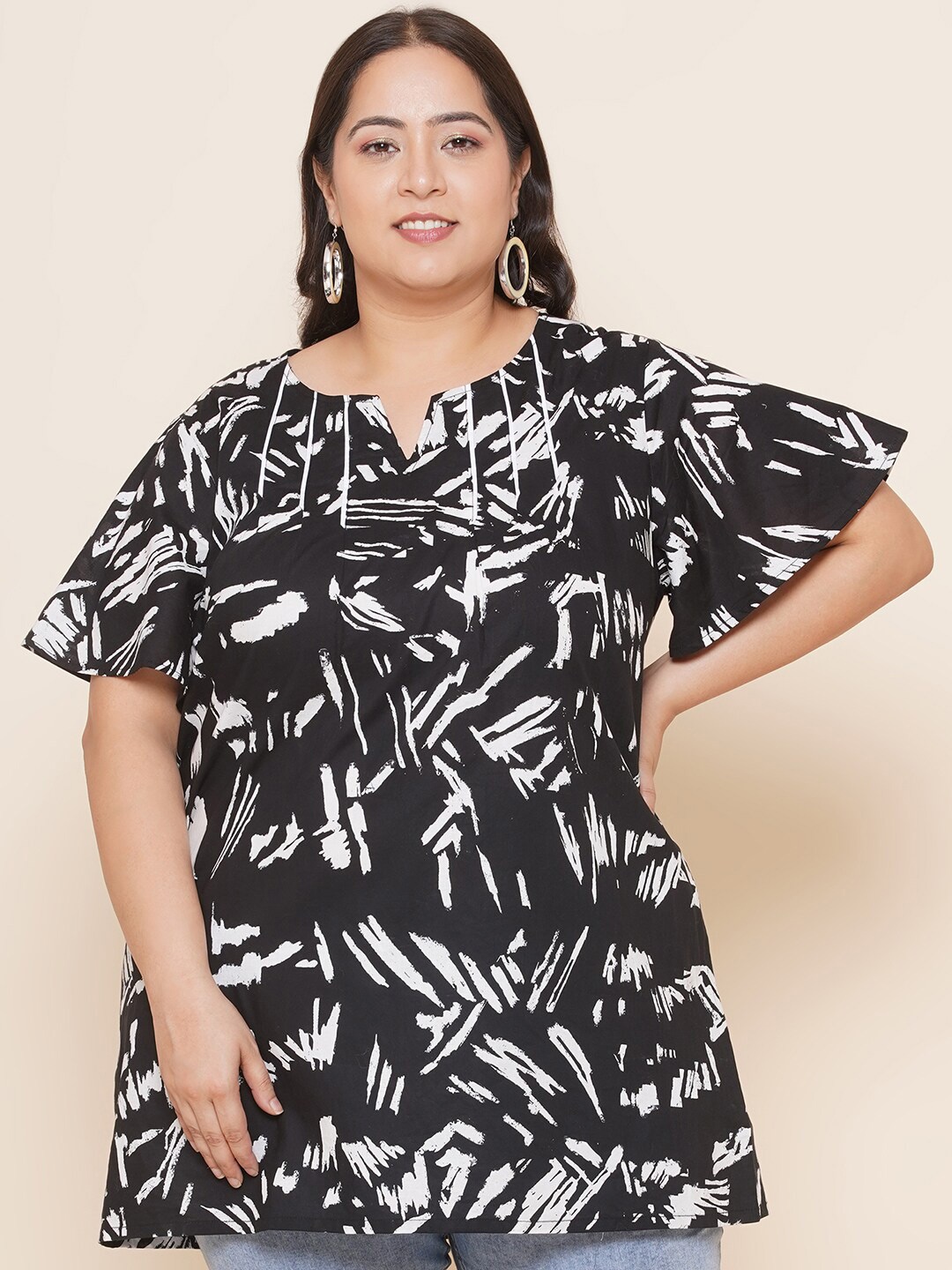 

Kiaahvi by JOHN PRIDE Plus Size Abstract Printed Pure Cotton Tunic, Black