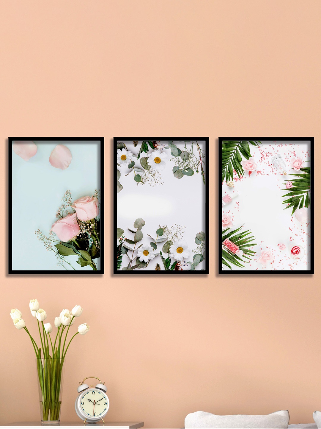 

SAF Peach Coloured & Green 3 Pieces Flowers Painting Wall Art