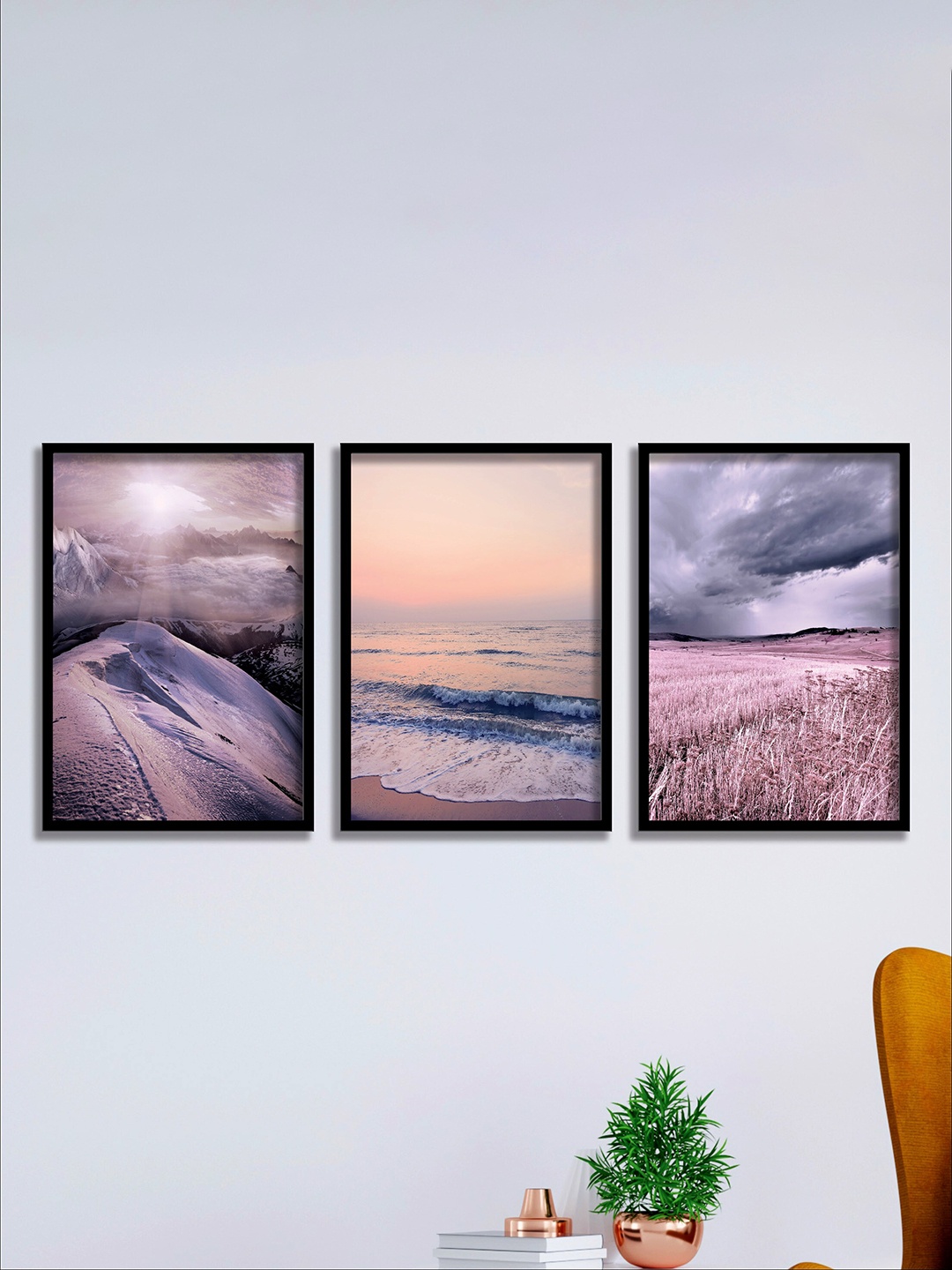 

SAF Pink & Grey 3 Pieces Sea Waves & Mountain Painting Wall Art