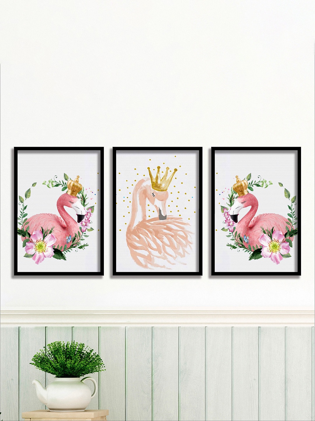 

SAF White & Pink 3 Pieces Flamingo Painting Waterproof Wall Arts