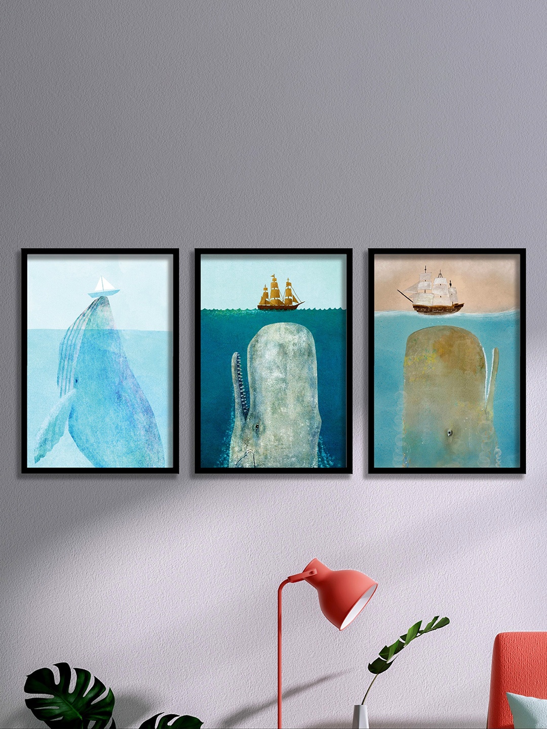 

SAF Sea Green 3 Pieces Boat & Whale Painting Wall Art