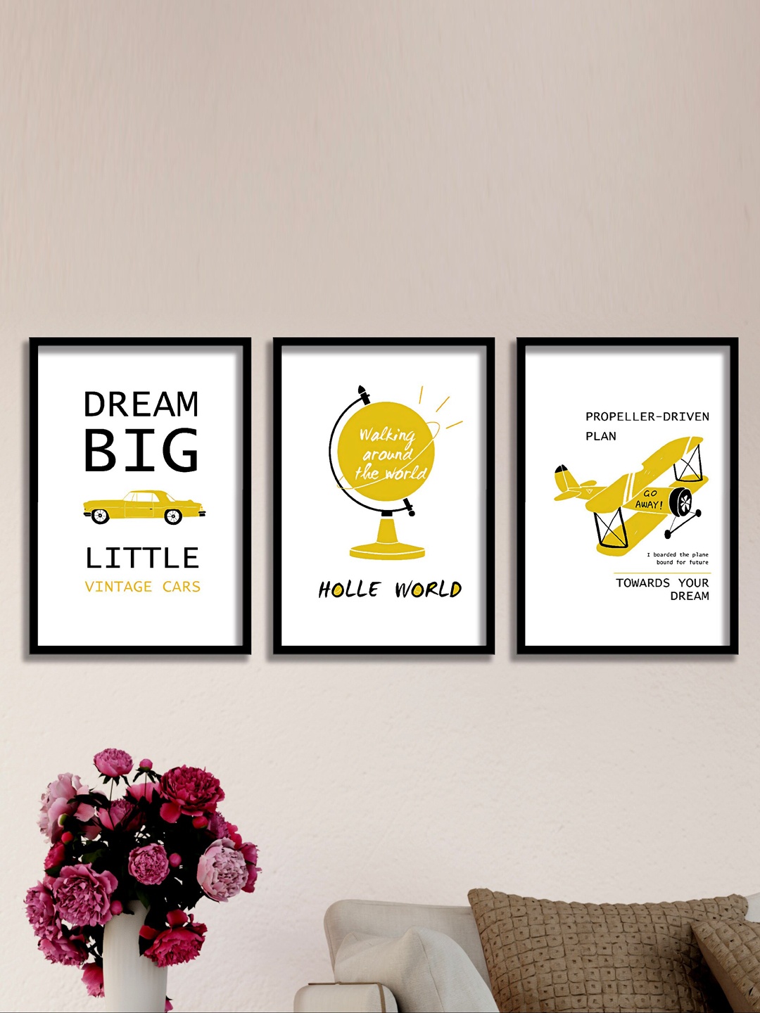 

SAF White & Yellow 3 Pieces Motivational Quotes Painting Waterproof Wall Arts