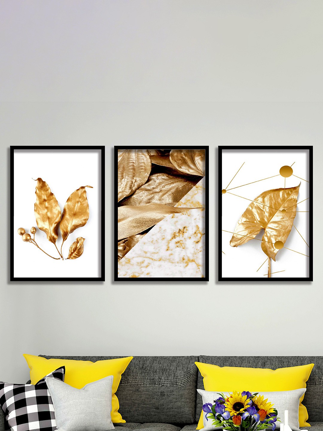 

SAF White & Gold Toned 3 Pieces Leaves Painting Waterproof Wall Arts