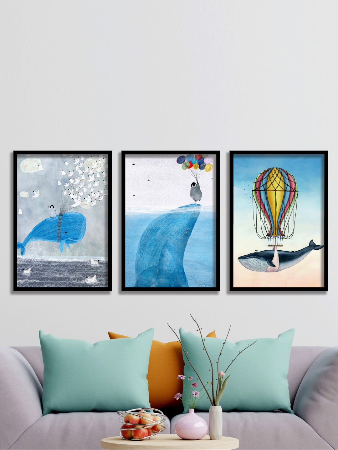 

SAF Blue & White 3 Pieces Sea And Whale Painting Waterproof Wall Arts