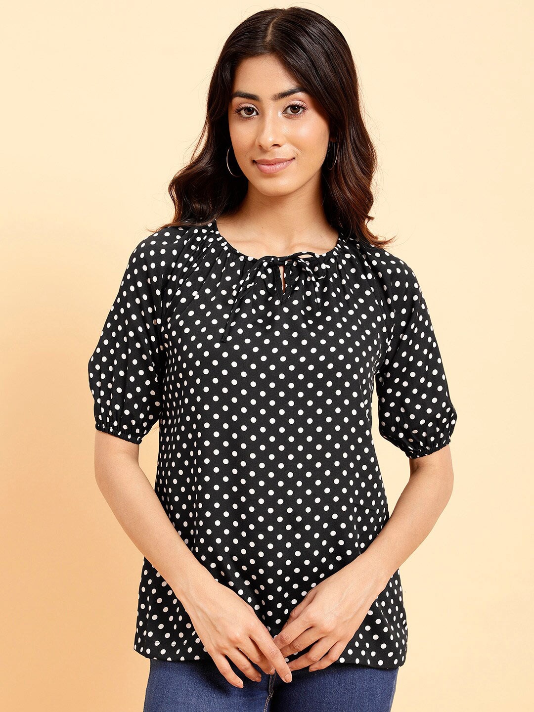 

MINT STREET Polka Dot Printed Tie Up Neck Pleated Crepe Top, Black