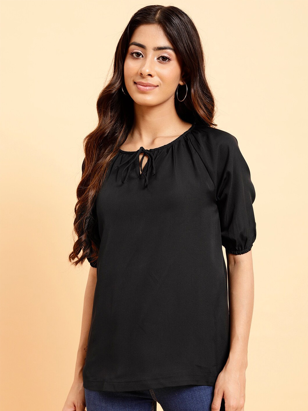 

MINT STREET Tie-Up Neck Extended Sleeves Crepe Top, Black