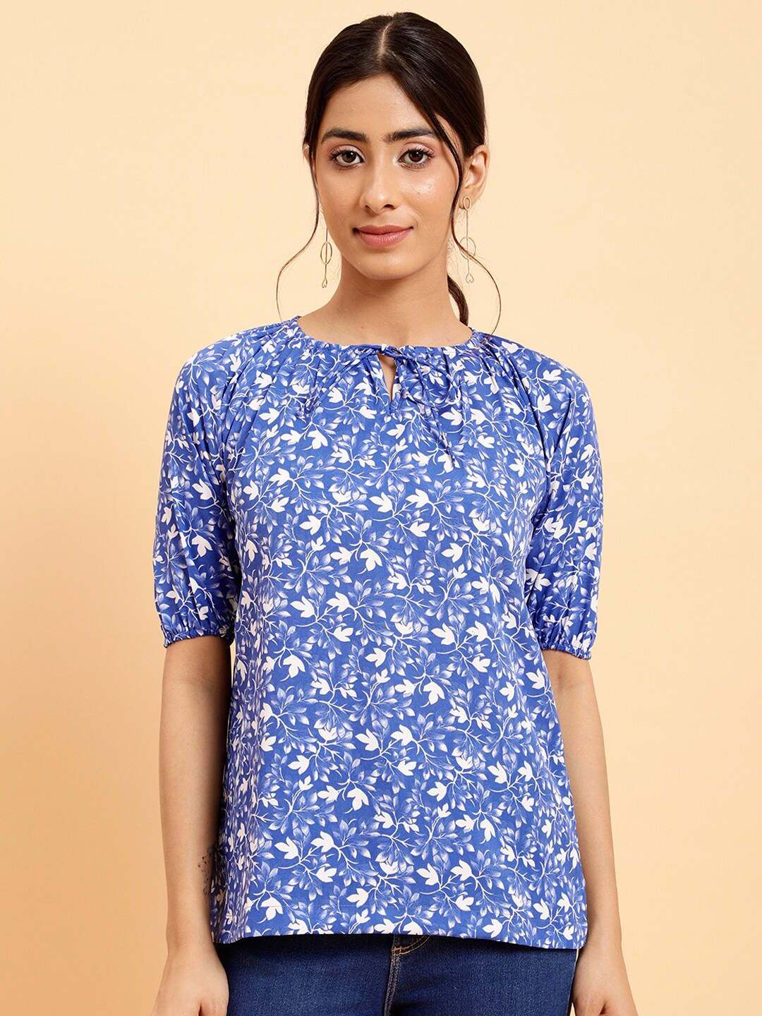 

MINT STREET Floral Printed Tie-Up Neck Puff Sleeves Crepe Top, Blue