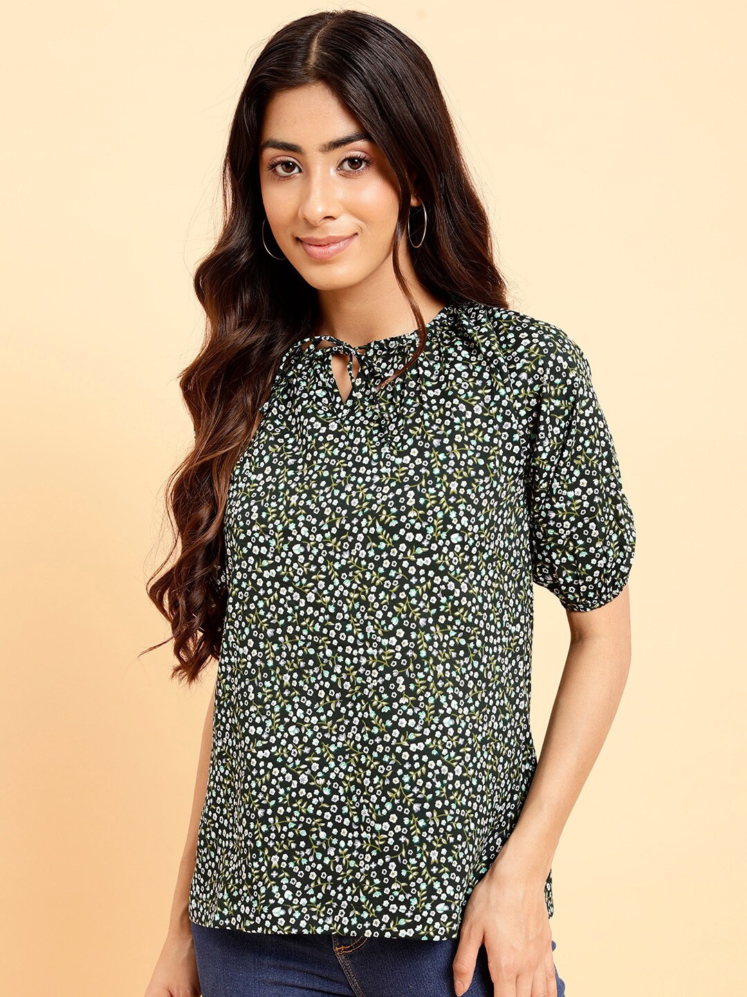 

MINT STREET Floral Printed Tie-Up Neck Puff Sleeves Crepe Top, Black