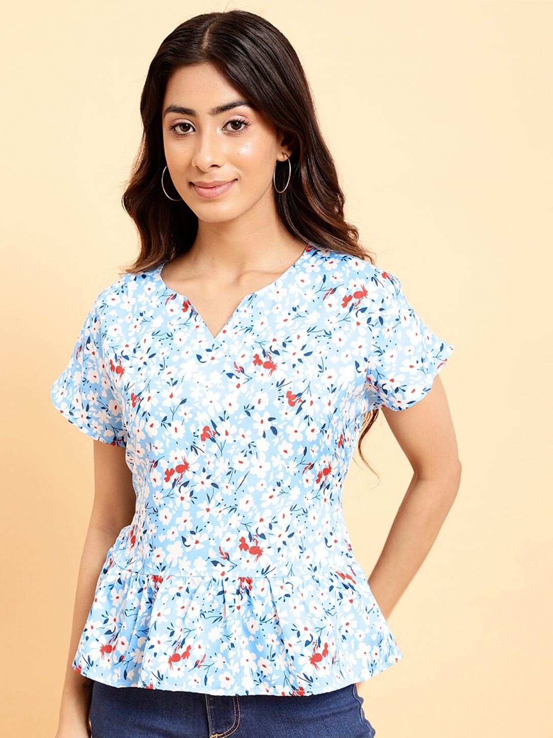 

MINT STREET Floral Printed Extended Sleeves Crepe Cinched Waist Top, Blue