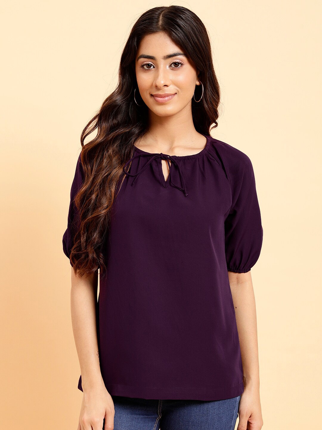 

MINT STREET Tie-Up Neck Puff Sleeves Crepe Top, Burgundy