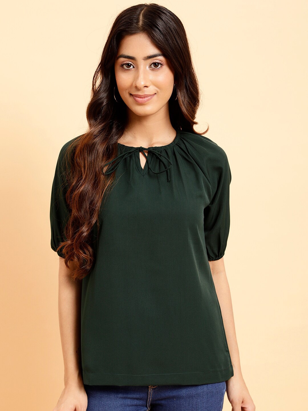 

MINT STREET Tie Up Neck Puff Sleeves Gathered Crepe Top, Green