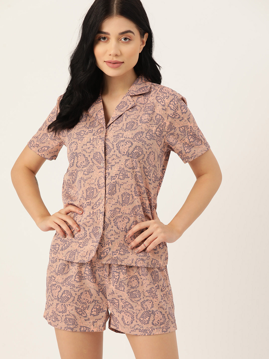 

ETC Printed Shirt & Shorts Night Suit, Peach