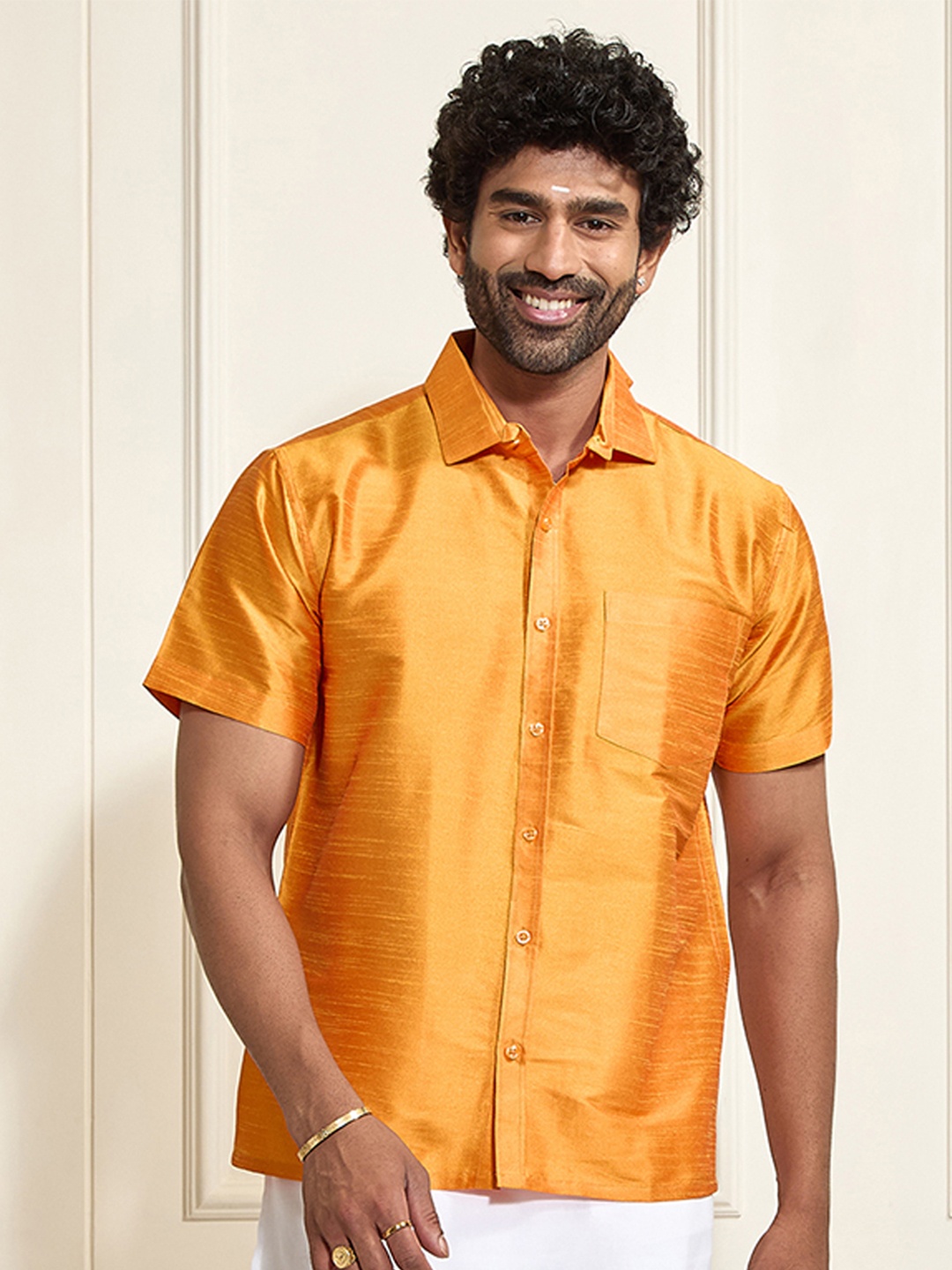 

VASTRAMAY Premium Spread Collar Silk Shirt, Orange