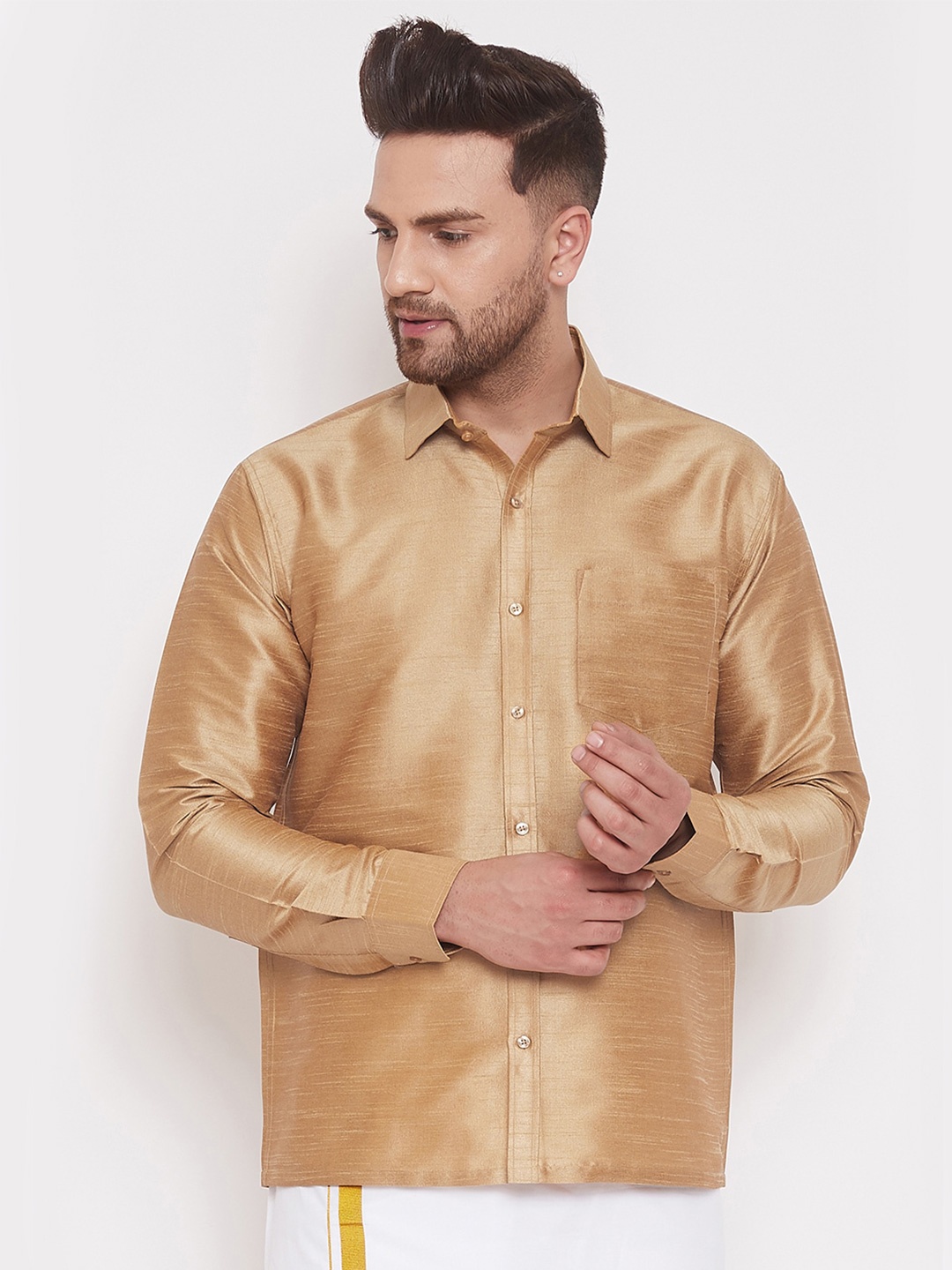 

VASTRAMAY Men Premium Opaque Silk Ethnic Shirt, Rose gold